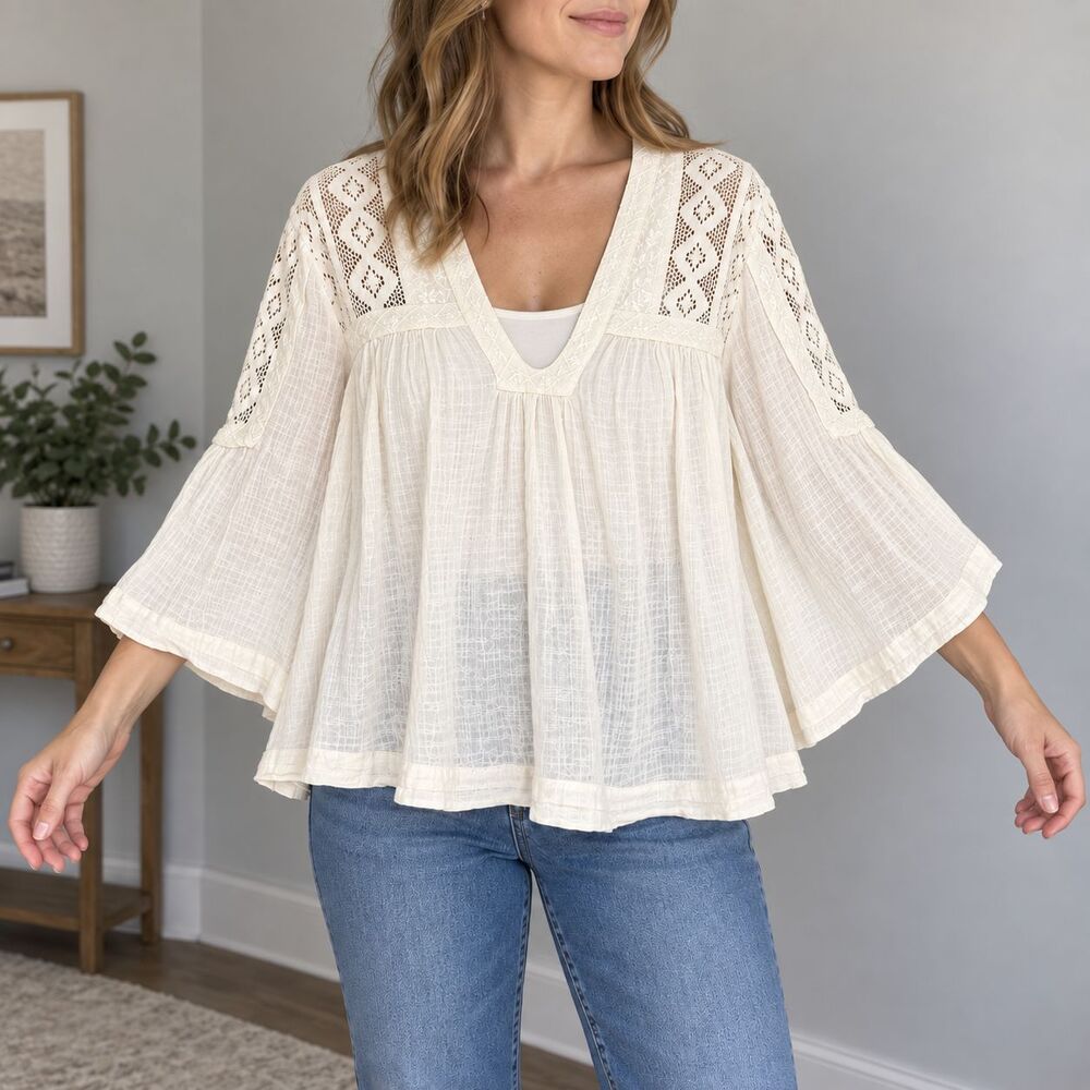 Free People S Ivory Lace Babydoll Blouse Bell Sleeve Cotton Boho